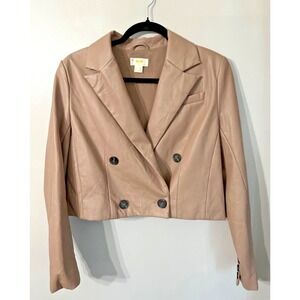 Anthropologie Maeve Boxy Cropped Vegan Faux Leather Blazer Sz10 Button Front Tan